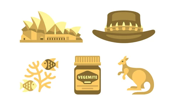 Australiensiska nationella symboler set, resor till Australien vektor Illustration på vit bakgrund — Stock vektor