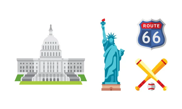 Americká národní symboly set, zajímavosti Usa vektorové ilustrace na bílém pozadí — Stockový vektor