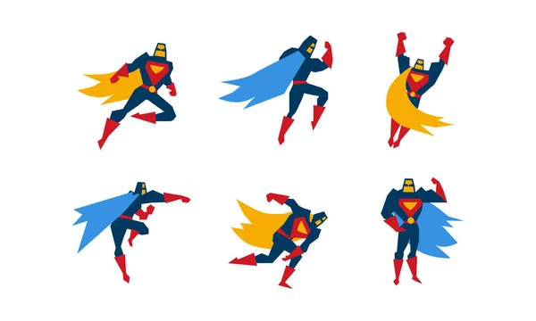 Gyűjtemény a szuperhős, superman karakter különböző pózok vektoros illusztráció egy fehér háttér — Stock Vector