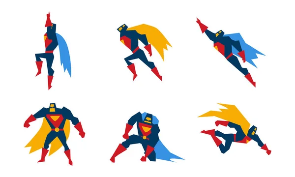 Superhelden set, superman karakter mannen met super bevoegdheden vector illustratie op een witte achtergrond — Stockvector