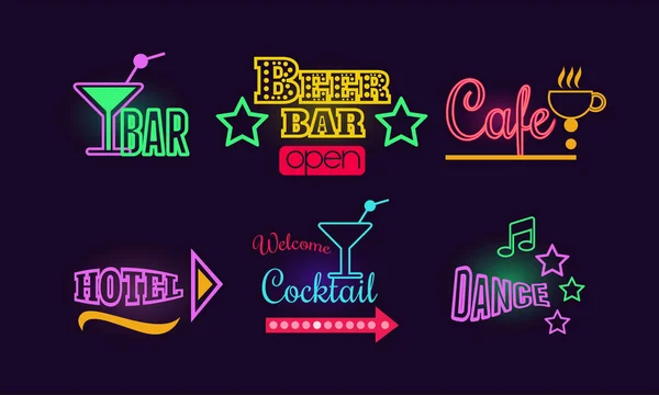 Zestaw neon świecące się znakami na piwo i koktajl bar, kawiarnia, klub taneczny i hotel. Elementy instancji Vector na ulotki reklamowe lub plakat — Wektor stockowy