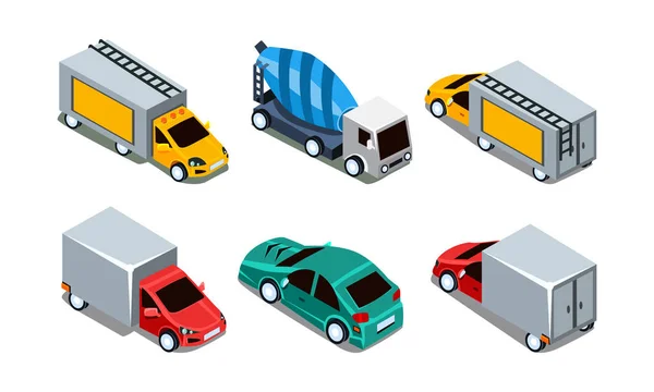 Conjunto vetorial de diferentes automóveis isométricos. Carro de passageiros, caminhões de carga e máquina misturadora de concreto. Tema dos transportes — Vetor de Stock