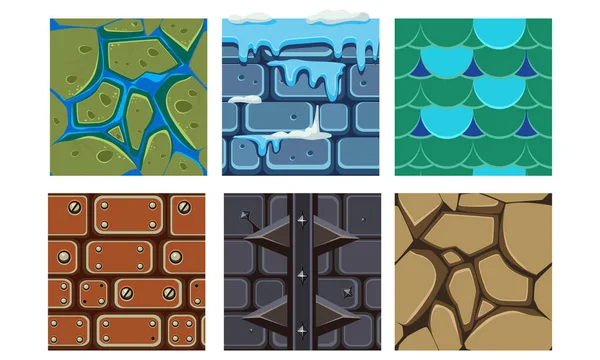 Platte vector set van platformers iconen voor mobiele games. Naadloze patronen met bakstenen, ijs, droge bodem en water — Stockvector