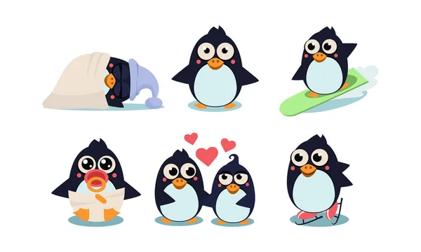 Set vectorial plano de divertidos pingüinos en diferentes acciones durmiendo, surfeando, patinando, bebé en pañal y chupete en boca, pareja enamorada — Archivo Imágenes Vectoriales