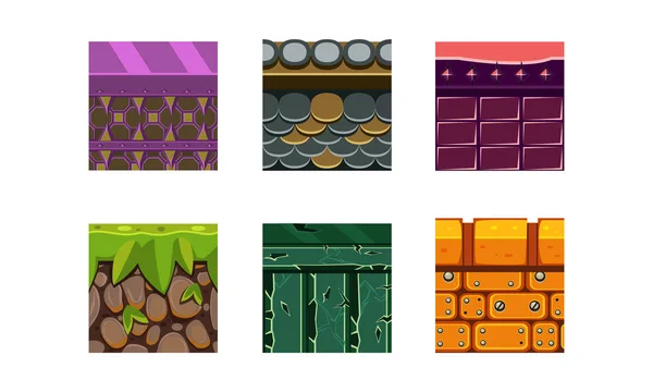 Platte vector set 6 textuur typen en materialen voor platformspel. Droge bodem met gras, bakstenen en stenen. Gaming activa — Stockvector