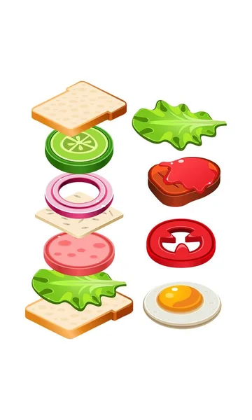 Płaskie wektor ikona smaczne kanapki z latania składników. Wyśmienite przekąski w porze lunchu. Pyszne przekąski. Kulinarnego tematu — Wektor stockowy