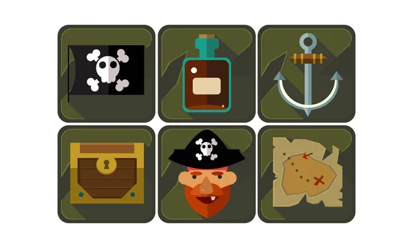 Flat vektor uppsättning pirat spel ikoner. Svart flagga med skalle och ben, flaska Rom, ankare, trä bröstet, kapten och karta — Stock vektor
