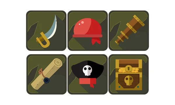 Uppsättning av pirat ikoner. Svärd, röd bandana, spyglass, rulla, kapten s hat och bröstet med skatt. Flat vektor objekt för mobila spel — Stock vektor