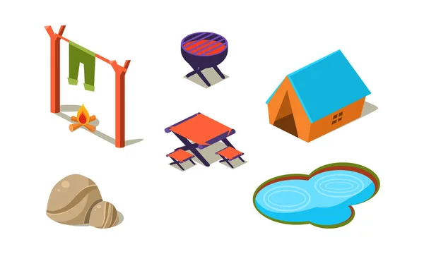 Set Isometrisch Icons Voor Camping Tent Meertje Stenen Tafel Stoelen — Stockvector