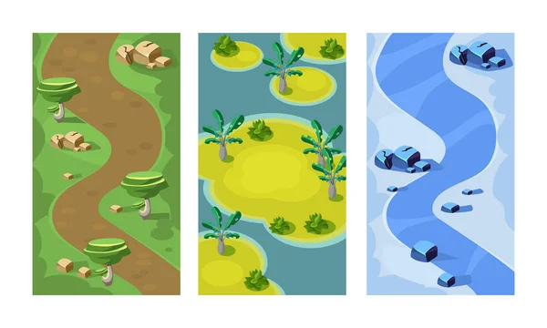 Lapos vektor készlet 3 függőleges háttérképek mobil játék. Varrat nélküli jelenetek az erdei ösvényen, a homokos sziget és a folyó — Stock Vector