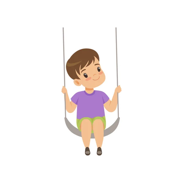 Lindo chico balanceándose en un columpio de cuerda, pequeño niño divirtiéndose en un vector oscilante Ilustración sobre un fondo blanco — Vector de stock