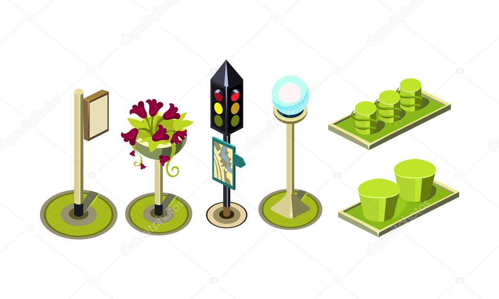 Set of isometric vector elements for city constructor. Traffic light with map, street lantern, bright green bushes for park