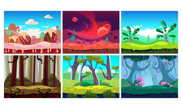 Conjunto vetorial plano de 6 fundos horizontais coloridos para jogos móveis ou de computador. Terra doce e selvas. Desenhos animados paisagens de conto de fadas —  Vetores de Stock