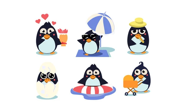 Conjunto de vectores planos de lindos pingüinos. Pájaro polar sur con ojos brillantes. Divertidos personajes de dibujos animados — Archivo Imágenes Vectoriales
