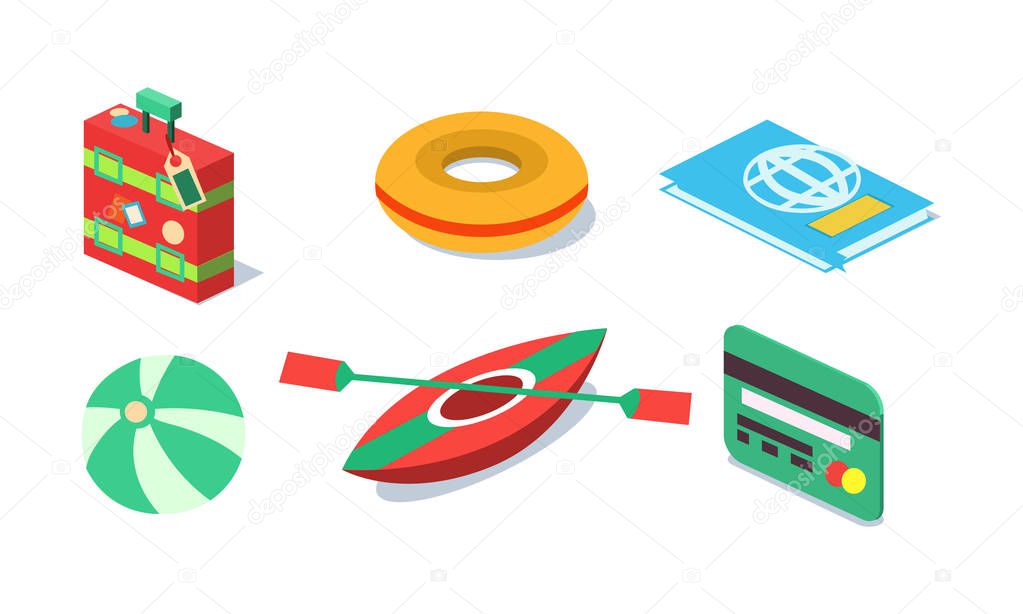 Vector set of isometric travel objects suitcase, inflatable ring, beach ball, plastic card, kayak and passport