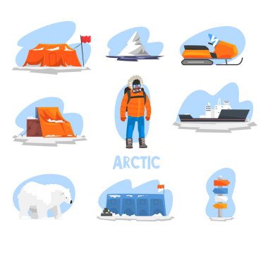 Arctic kümesi, kutup explorer, araştırma istasyonu, kar, buz kırıcı, kavşak yön yazı vektör çizim beyaz bir arka plan için sefer
