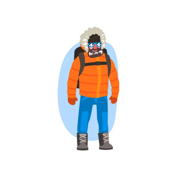 Mužské polární Průzkumník v zimních šatech, expedice do Arktidy vektorové ilustrace na bílém pozadí — Stockový vektor