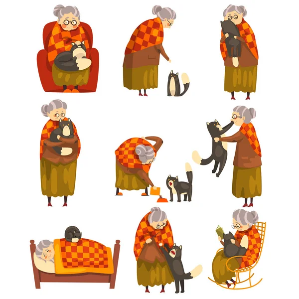 Sevimli büyükanne ve siyah kedisinin ayarla, yalnız yaşlı bayan ve onun hayvan evde beslenen hayvan vektör çizim beyaz bir arka plan — Stok Vektör