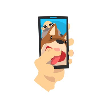 Erkek el bir fotoğraf üzerinde beyaz bir arka plan illüstrasyon izole onun köpek vektör ile mutlu bir dede ile bir akıllı telefon tutarak.