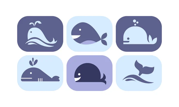 Icônes de baleine mignon ensemble, signes animaux créature de la mer dans les couleurs bleues vecteur Illustration sur un fond blanc — Image vectorielle