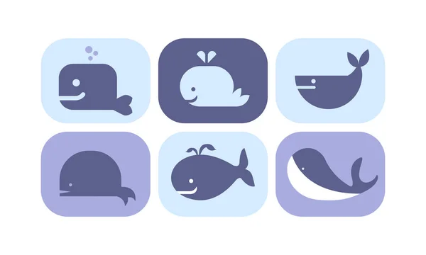 Cute blue whale icons set, sea creature animals signs vector Illustration on a white background — Stock Vector
