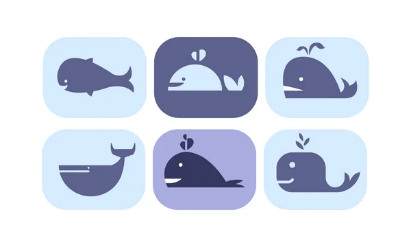 Whale icons set, cute sea creature animals signs in blue colors vector Illustration on a white background — Stock Vector