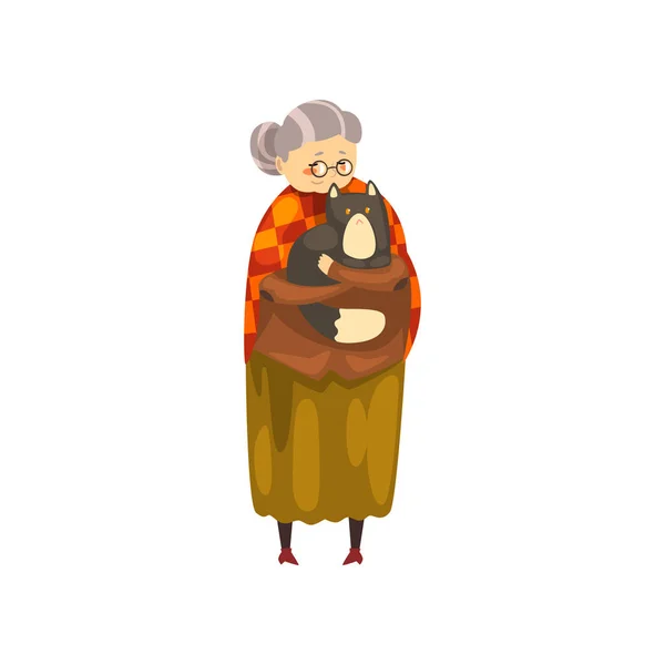 Vovó bonito segurando seu gato preto em suas mãos, senhora idosa solitária abraçando seu animal de estimação vetor Ilustração em um fundo branco — Vetor de Stock