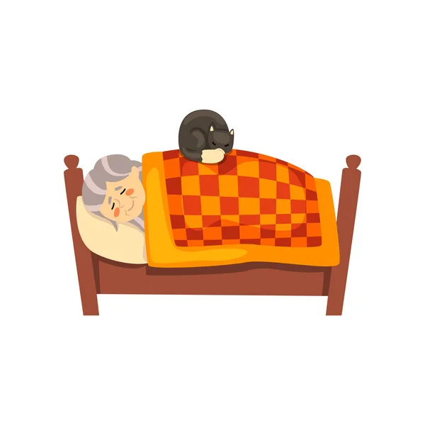 Mamie mignonne dormant dans son lit, chat noir couché avec elle, vieille dame solitaire et son animal animal vecteur Illustration sur un fond blanc — Image vectorielle