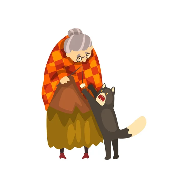 Mamie mignonne jouant avec son chat noir, vieille dame solitaire et son animal animal vecteur Illustration sur un fond blanc . — Image vectorielle