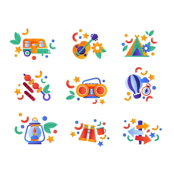 Collectie van reis- en kampeeruitrusting, kleurrijke zomer reizen iconen vector illustratie op een witte achtergrond — Stockvector