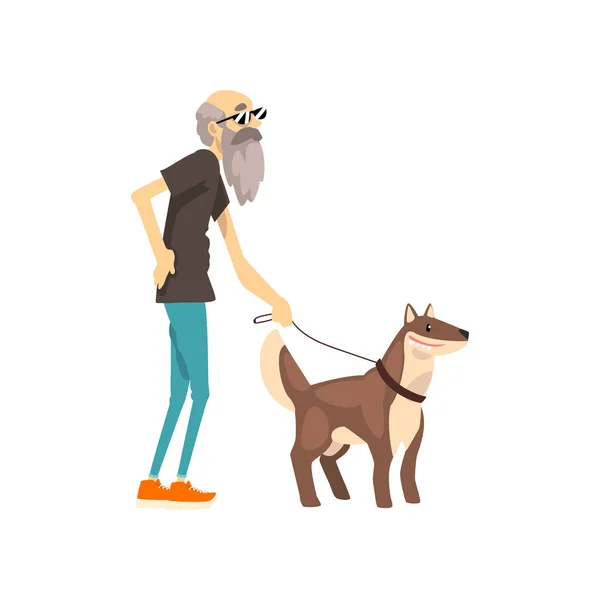 Παππού το περπάτημα με το σκύλο του, μοναχική ανώτερος άνθρωπος και κατοικίδιο ζώο εικονογράφηση διάνυσμα σε λευκό φόντο — Διανυσματικό Αρχείο