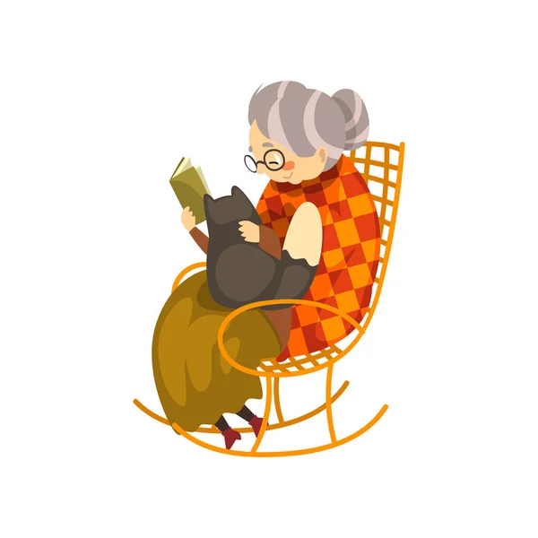 Cute granny sitting in a cozy rocking chair and reading a book, black cat lying on her knees, lonely old lady and her animal pet vector Illustration on a white background — Stock Illustration Cute granny sitting in a cozy rocking chair and reading a book, black cat lying on her knees, lonely old lady and her animal pet vector Illustration on a white background Royalty Free Stock Illustrations