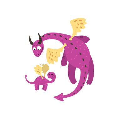 Sevgi dolu anne ejderha ve bebeği, sevimli mor ejderha kanatlı, Aile efsanevi hayvanlar karikatür karakter üzerinde beyaz bir arka plan illüstrasyon vektör