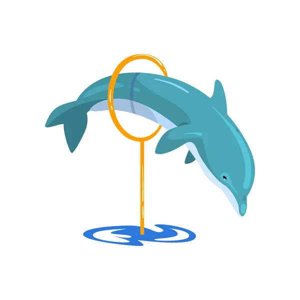 Dauphin sautant à travers un anneau, animal marin performant en public dans le vecteur dauphin Illustration sur fond blanc — Image vectorielle