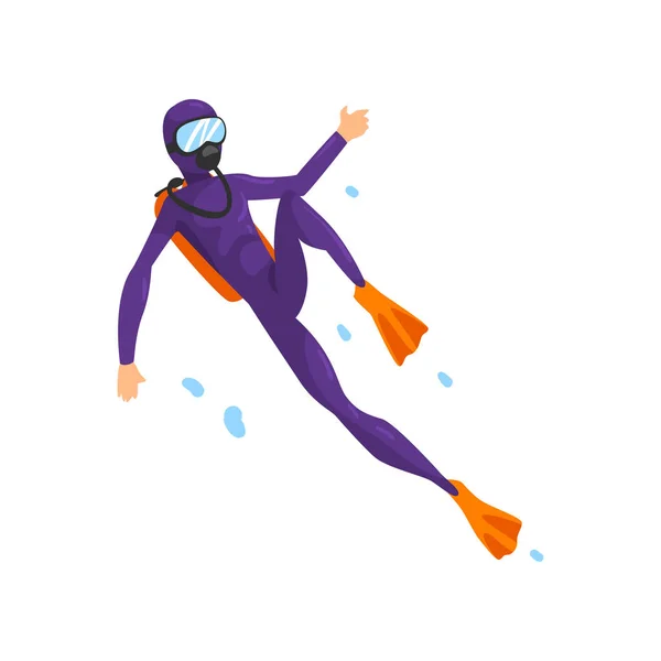 Man in diving suit and fins swimming underwater with scuba vector Illustration on a white background — Stock Vector