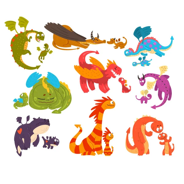 Conjunto de dragones maduros y dragones bebé, familias de animales míticos personajes de dibujos animados vector Ilustración sobre un fondo blanco — Archivo Imágenes Vectoriales