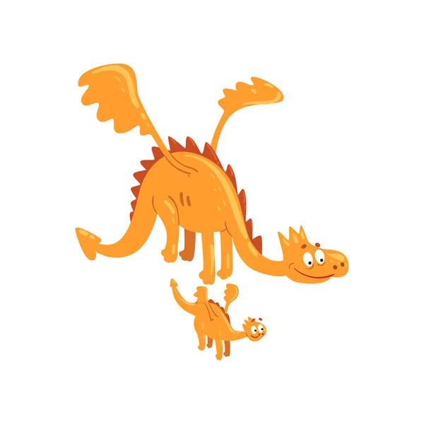 Dragón maduro con alas y pequeño bebé dragón, madre y su hijo, lindos dragones familia personajes de dibujos animados vector Ilustración sobre un fondo blanco — Vector de stock