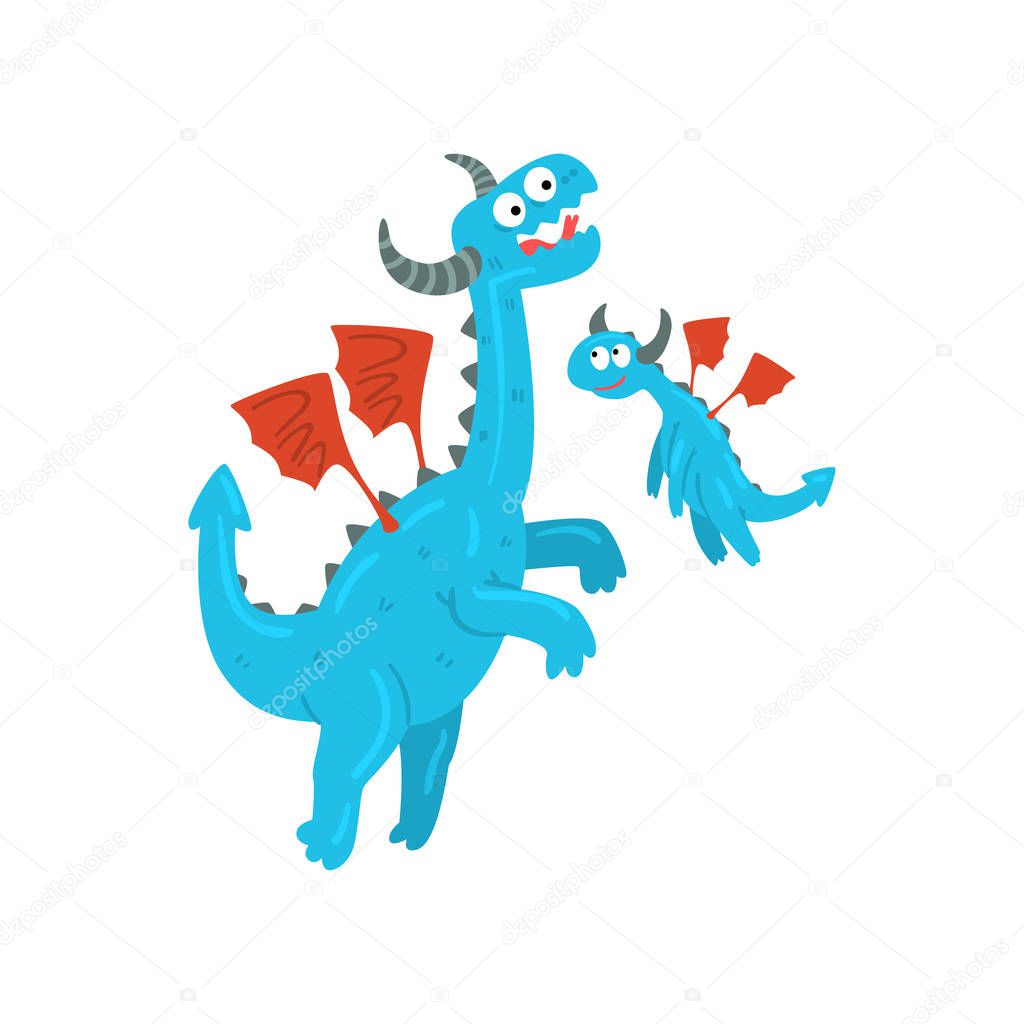 Loving mother dragon and her baby, cute blue winged dragons, fantasy mythical animals cartoon characters vector Illustration on a white background