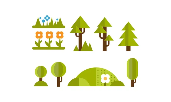 Niedlichen grünen Pflanzen und Bäumen gesetzt, Elemente der Sommerlandschaft, Benutzeroberfläche Assets für mobile Apps oder Videospielvektorillustration auf weißem Hintergrund — Stockvektor