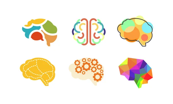 Cerveau humain ensemble, pensée ou esprit signe lumineux, idées créatives colorées symboles vectoriel Illustration sur un fond blanc — Image vectorielle