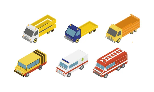 Şehir hizmet araçları ayarla, ambulans, itfaiye, çöp, teslimat, kargo kamyon vektör çizim beyaz bir arka plan — Stok Vektör