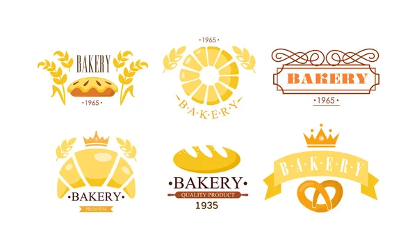 Piekarnia logo zestaw, bakehouse retro odznaka świeże pieczywo oraz wypieki wektor ilustracja na białym tle — Wektor stockowy