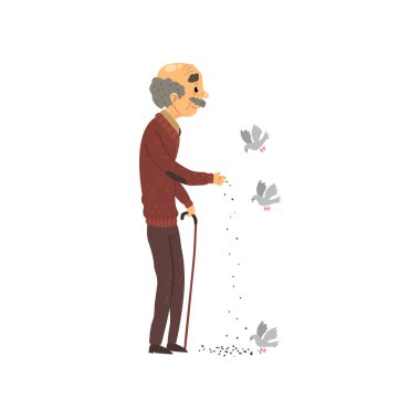 Komuta sizde güvercinler, yaşlı adam bir aktif yaşam tarzı vektör çizim beyaz bir arka plan üzerinde önde gelen çizgi film karakteri besleme