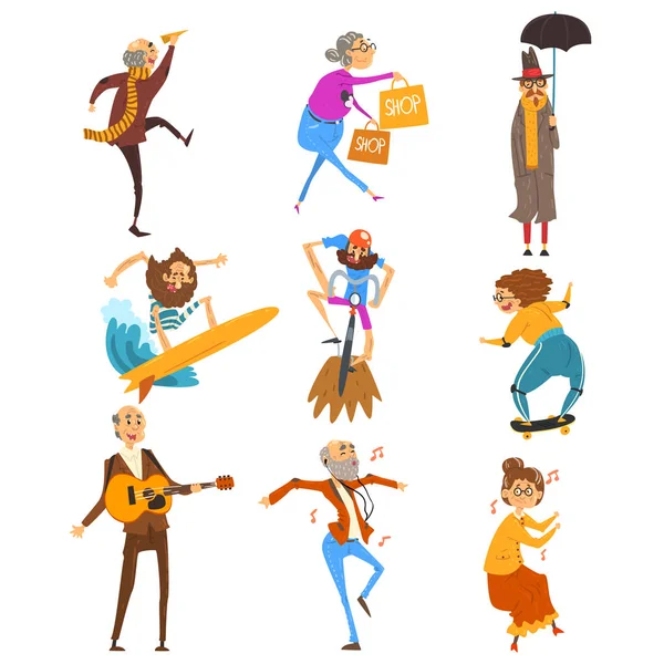 Personas mayores divirtiéndose, hombres y mujeres ancianos personajes de dibujos animados que llevan un estilo de vida activo, vector de concepto social Ilustración aislada sobre un fondo blanco — Vector de stock