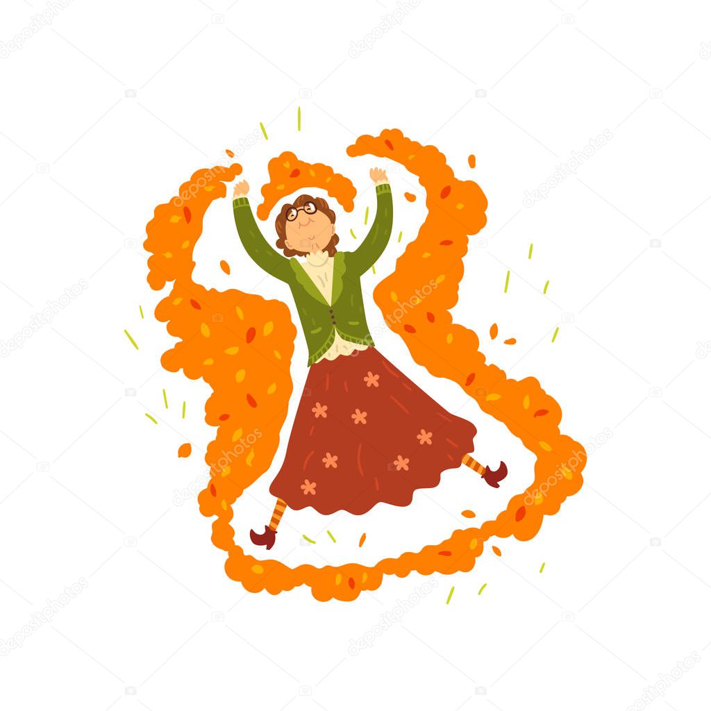 Marture woman making a snow angel in a pile of autumn leaves, grandma having fun, woman cartoon character leading an active lifestyle vector Illustration on a white background