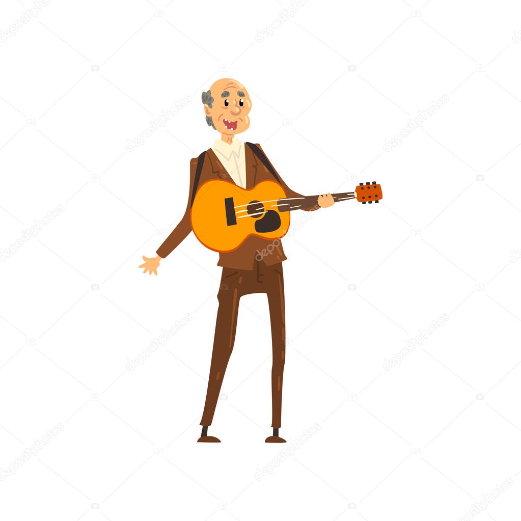 Senior man playing guitar, grandpa leading an active lifestyle, social concept vector Illustration on a white background
