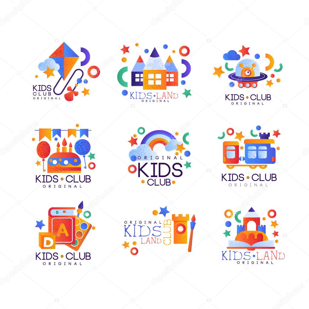 Kids club logo original set, colorful creative labels templates, playground or entertainment club badges vector Illustration isolated on a white background.