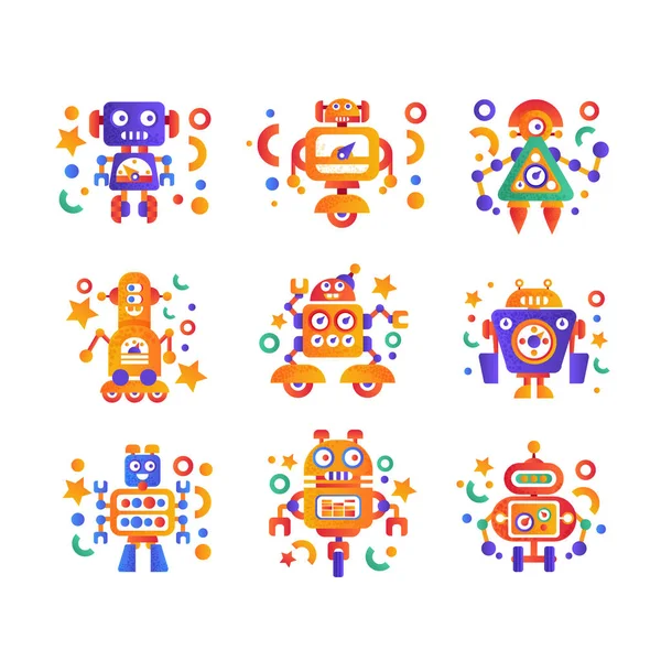 Leuke grappige robots set, android tekens, kunstmatige robotica machine kleurrijke vector illustratie op een witte achtergrond — Stockvector