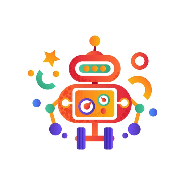 Leuke grappige robot op wielen, android karakter, kunstmatige robotica machine kleurrijke vector illustratie op een witte achtergrond — Stockvector