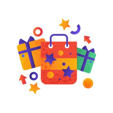 Sembolleri alışveriş, hediye kutuları ve alışveriş çantası vektör çizim üzerinde beyaz bir arka plan